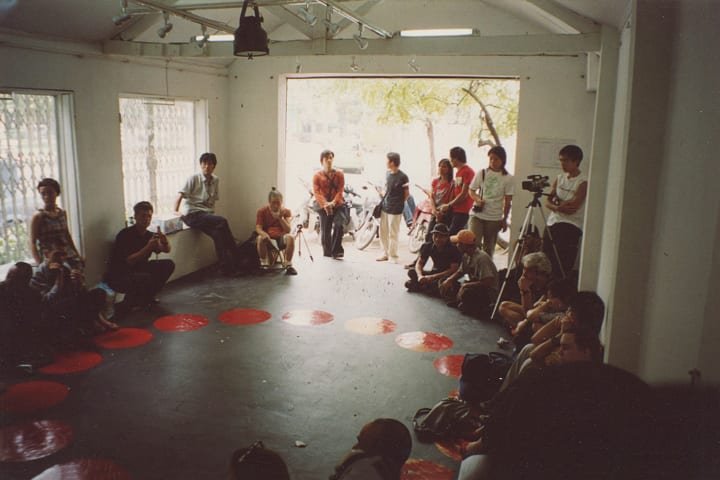 Workshop on performance art for students and young artists at Ryllega Gallery, October 13, 2004.